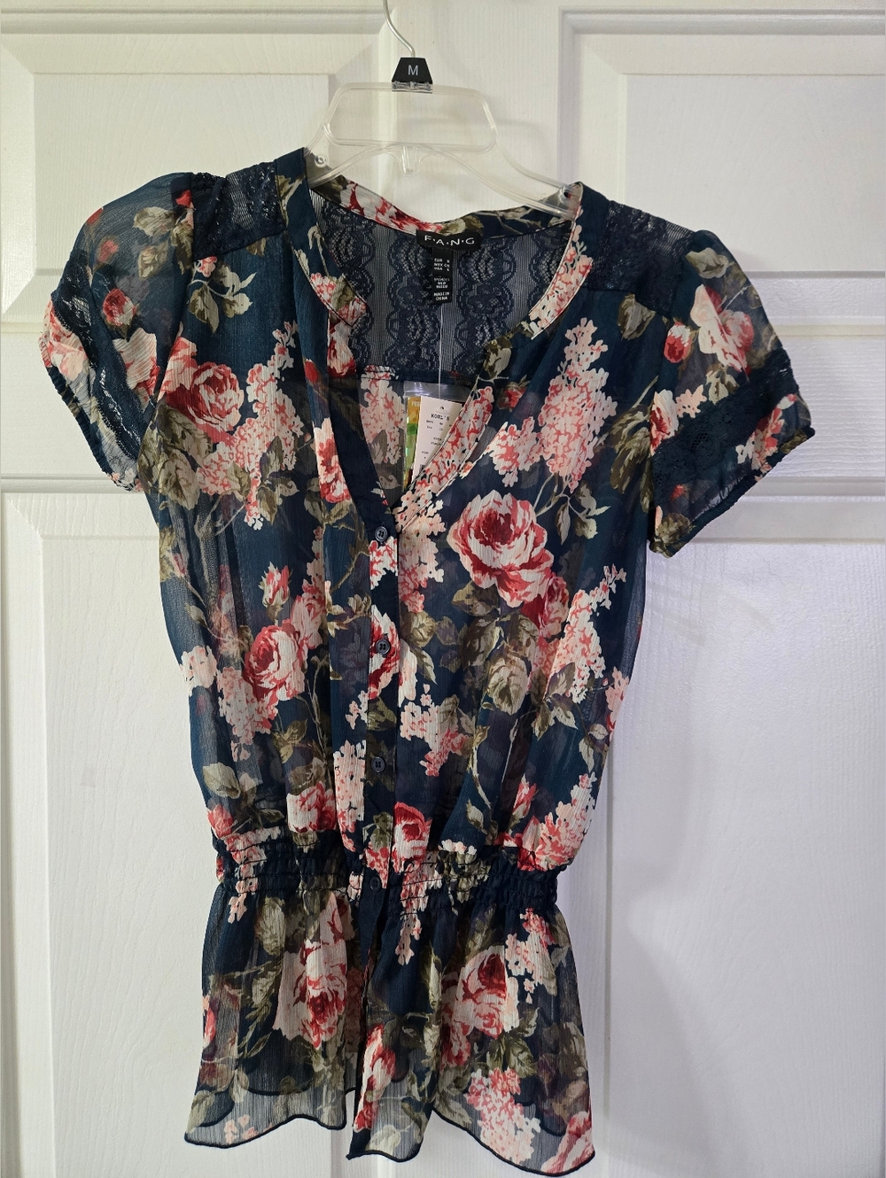 Floral Navy Sheer Button-Front Blouse